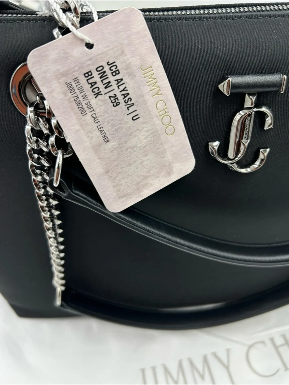 Jimmy Choo Black Tote Bag with Silver Chain Handles and iconic logo